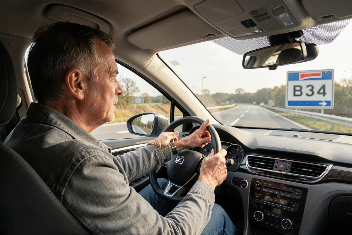 Conducteur apercevant le panneau B34 depuis l'intérieur de son véhicule sur une route nationale