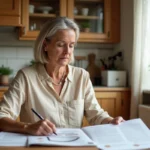 Consommatrice lisant des avis sur une rénovation énergétique de maison à sa table de cuisine