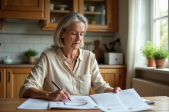 Consommatrice lisant des avis sur une rénovation énergétique de maison à sa table de cuisine