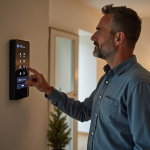 Homme examine un panneau de securite domestique moderne