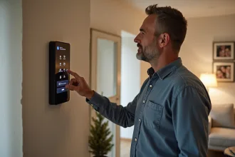 Homme examine un panneau de securite domestique moderne