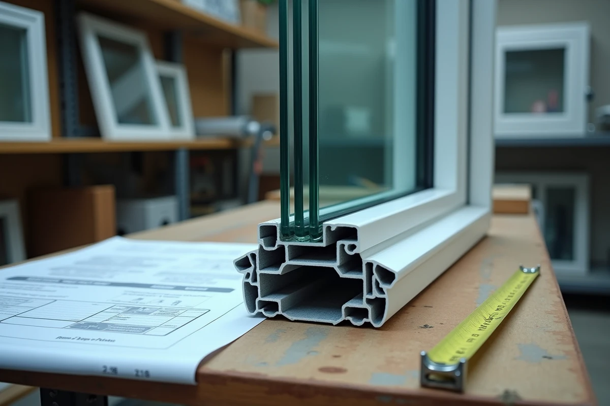 Coupe transversale d'une fenêtre à double vitrage posée sur un établi avec des documents techniques réglementaires