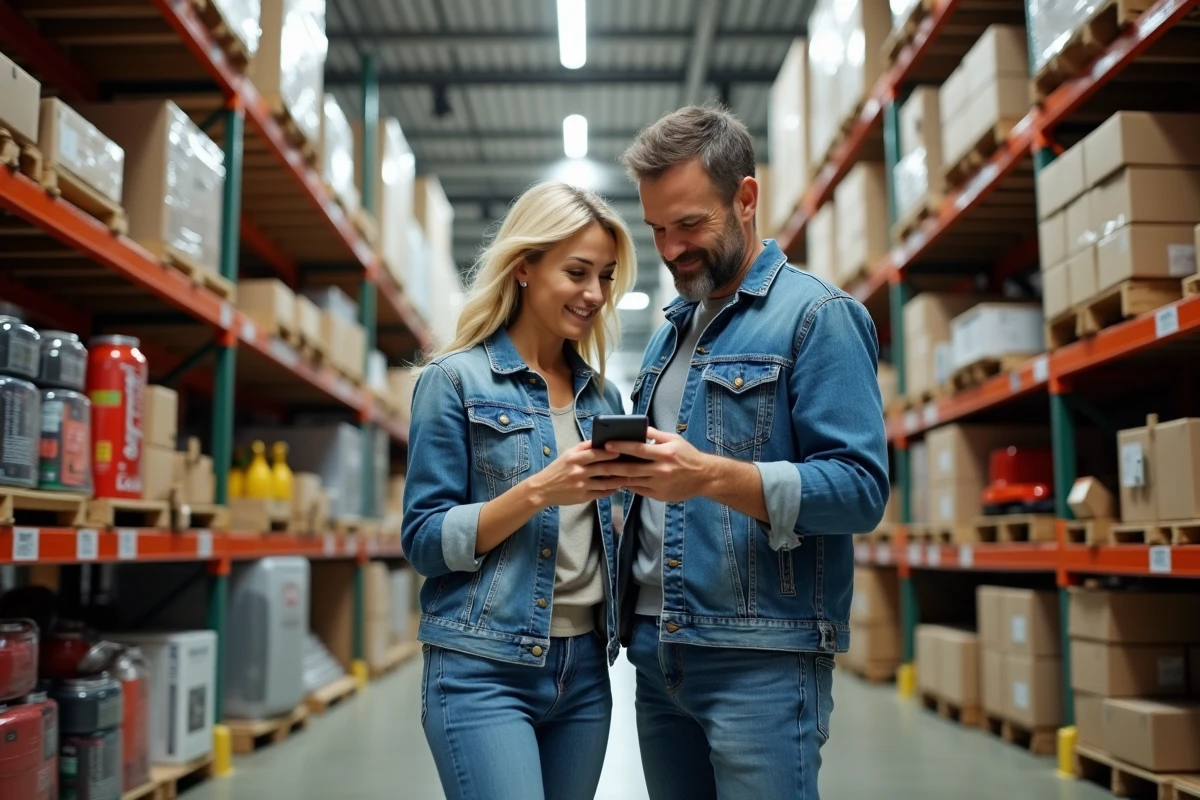 Couple cherchant les meilleures offres sur matériel bricolage et jardinage en rayon de grande surface avec smartphone