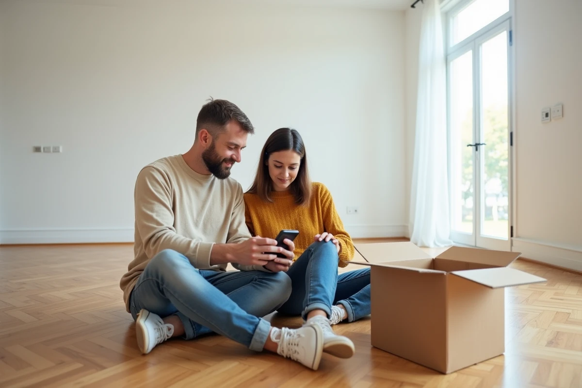 Couple consultant une checklist de déménagement sur smartphone dans un appartement vide