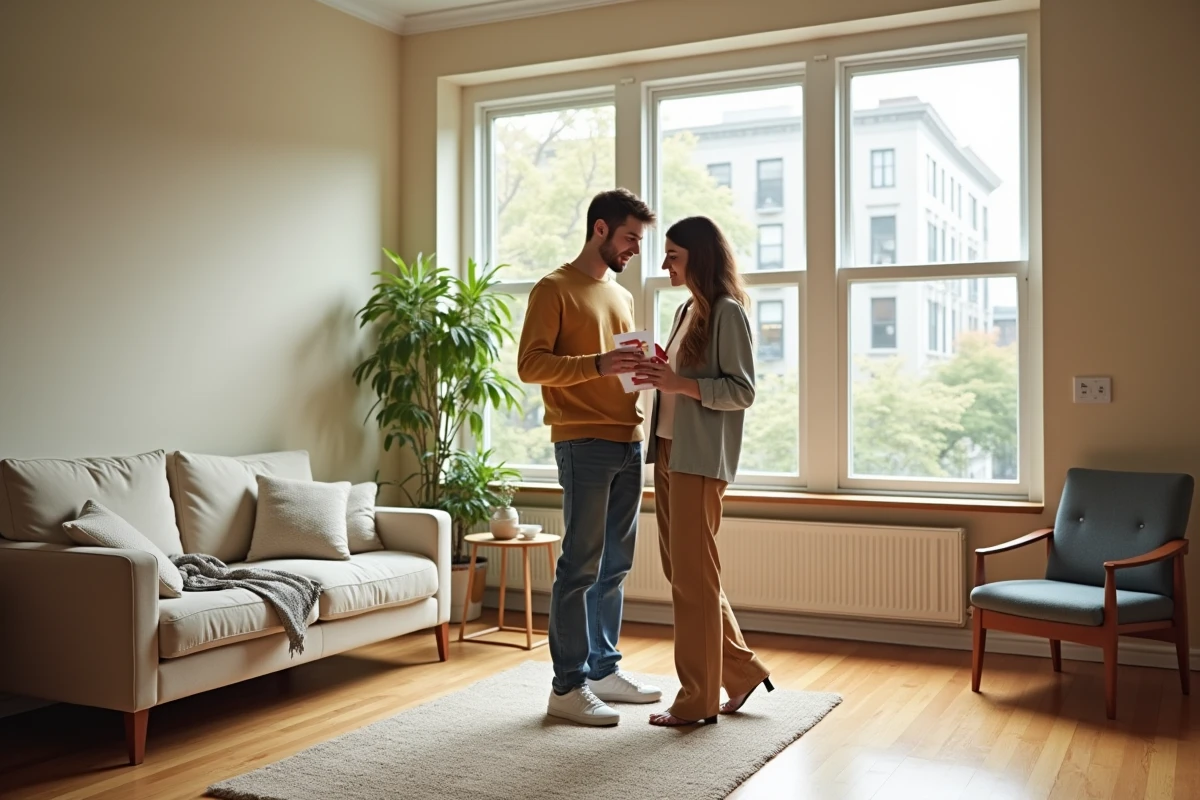 Jeune couple discutant de décoration intérieure