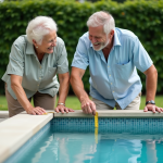 Couple mesurant la piscine dans le jardin en été