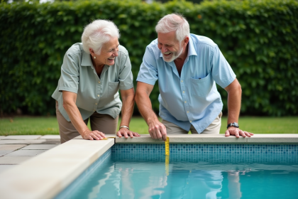 Couple mesurant la piscine dans le jardin en été