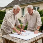 Couple examinant des plans d'extension de maison de 40 m2 dans leur jardin suburban