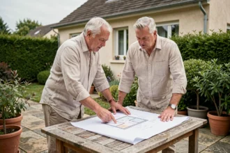 Couple examinant des plans d'extension de maison de 40 m2 dans leur jardin suburban