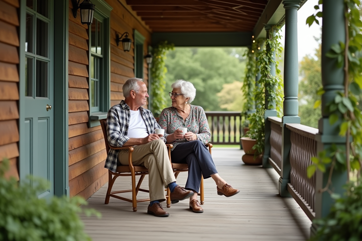 Couple âgé discutant sur un porche en bois chaleureux