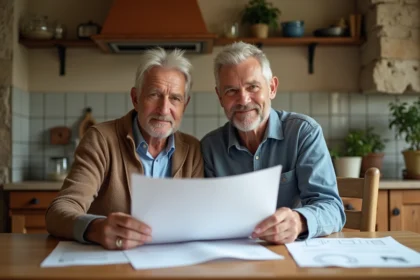 Couple d'âge moyen discutant de rénovation dans une cuisine charmante