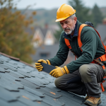 Ouvrier couvreur examinant des ardoises modernes sur le toit