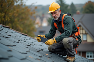 Ouvrier couvreur examinant des ardoises modernes sur le toit