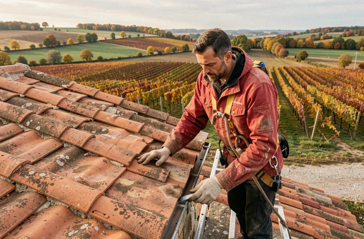 Couvreur spécialisé de Couverture Ramonage Beaulieu inspectant la toiture en tuiles d'une ferme traditionnelle à Beaulieu-sur-Layon dans le vignoble angevin