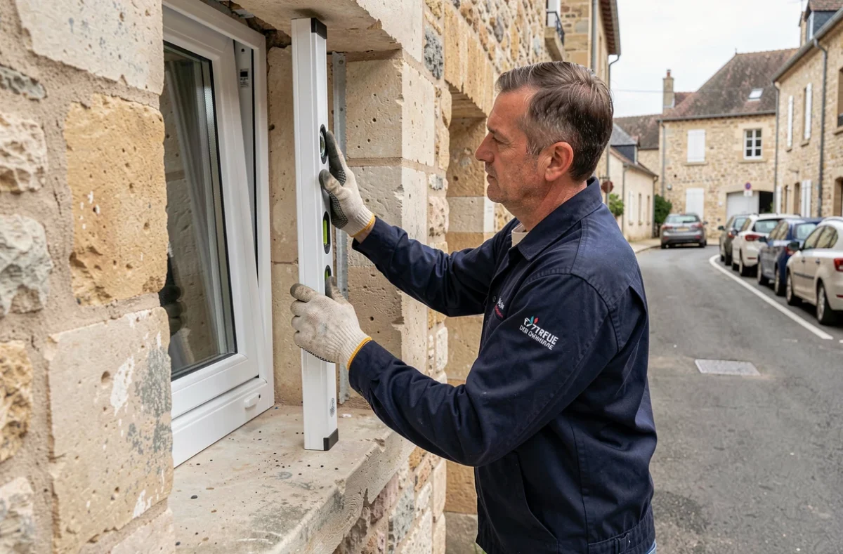 Technicien de Croixmarie installant une fenêtre en PVC blanc sur une maison en pierre traditionnelle dans une rue de village français