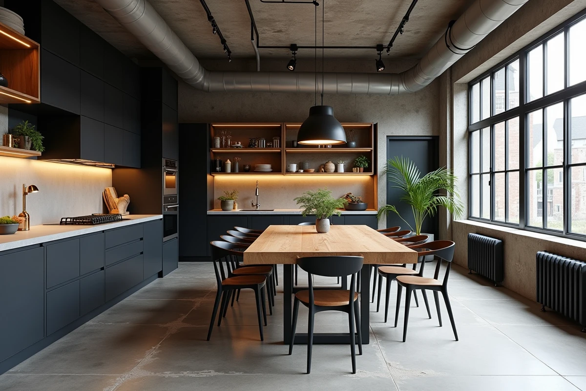 Cuisine et salle à manger industrielles avec cabinetry anthracite mat, étagères en acier noir et plan de travail en béton ciré