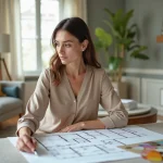 Design d'intérieur femme examinant un plan dans un salon lumineux