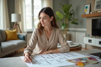 Design d'intérieur femme examinant un plan dans un salon lumineux