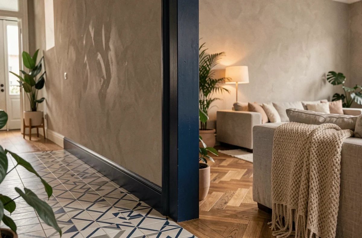 Délimitation entre entrée et salon par une colonne peinte en bleu marine dans un appartement contemporain