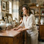 Femme inspectant un buffet vintage en bois dans un dépôt vente de Caen rempli d'objets de décoration d'occasion