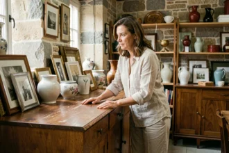 Femme inspectant un buffet vintage en bois dans un dépôt vente de Caen rempli d'objets de décoration d'occasion