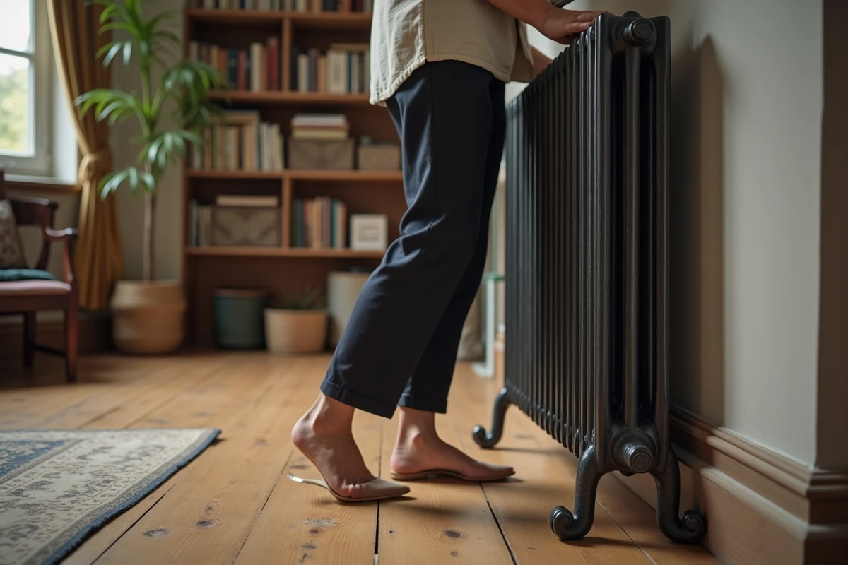 Designer d'intérieur inspectant les pieds décoratifs en fonte d'un radiateur traditionnel sur un plancher en pin ancien dans une maison de caractère