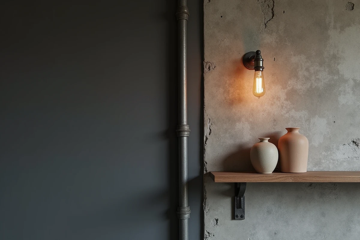 Détail de mur peint en graphite mat dans un intérieur industriel avec tuyau en fonte et applique vintage en acier brossé