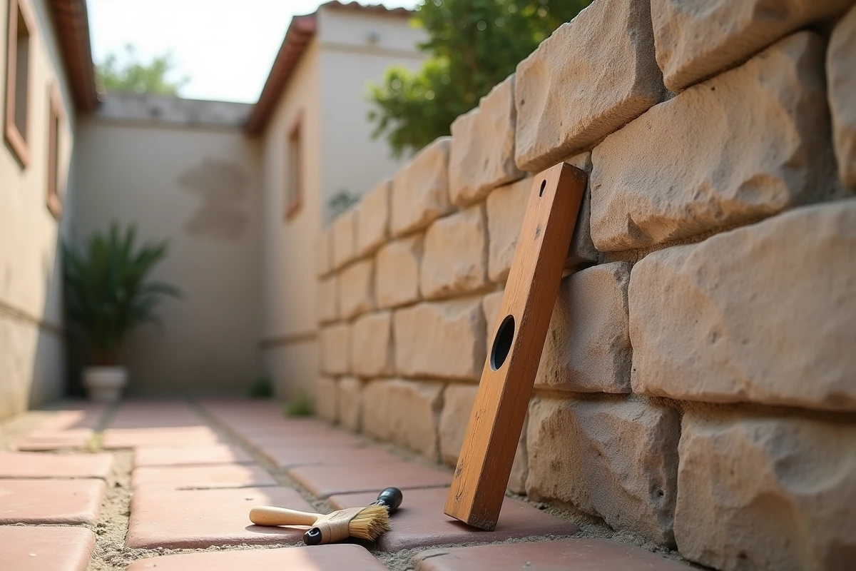 Détail d'un mur en Terrasto terminé avec joints lisses, niveau à bulle et brosse de maçon posés contre la surface