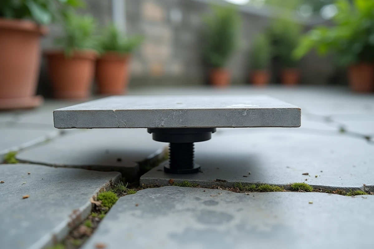 Détail d'un plot réglable en plastique supportant une dalle de terrasse au-dessus d'un béton existant fissuré