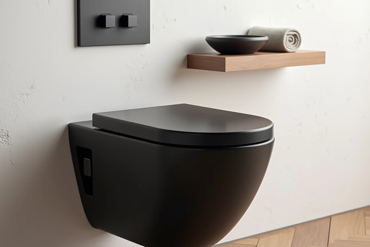 Détail plaque de déclenchement noire et étagère en bois noyer d'un toilette suspendu tendance 2026