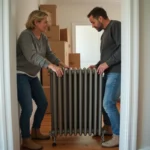 Un couple d'adultes déplace un radiateur en intérieur