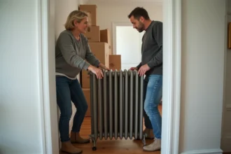 Un couple d'adultes déplace un radiateur en intérieur