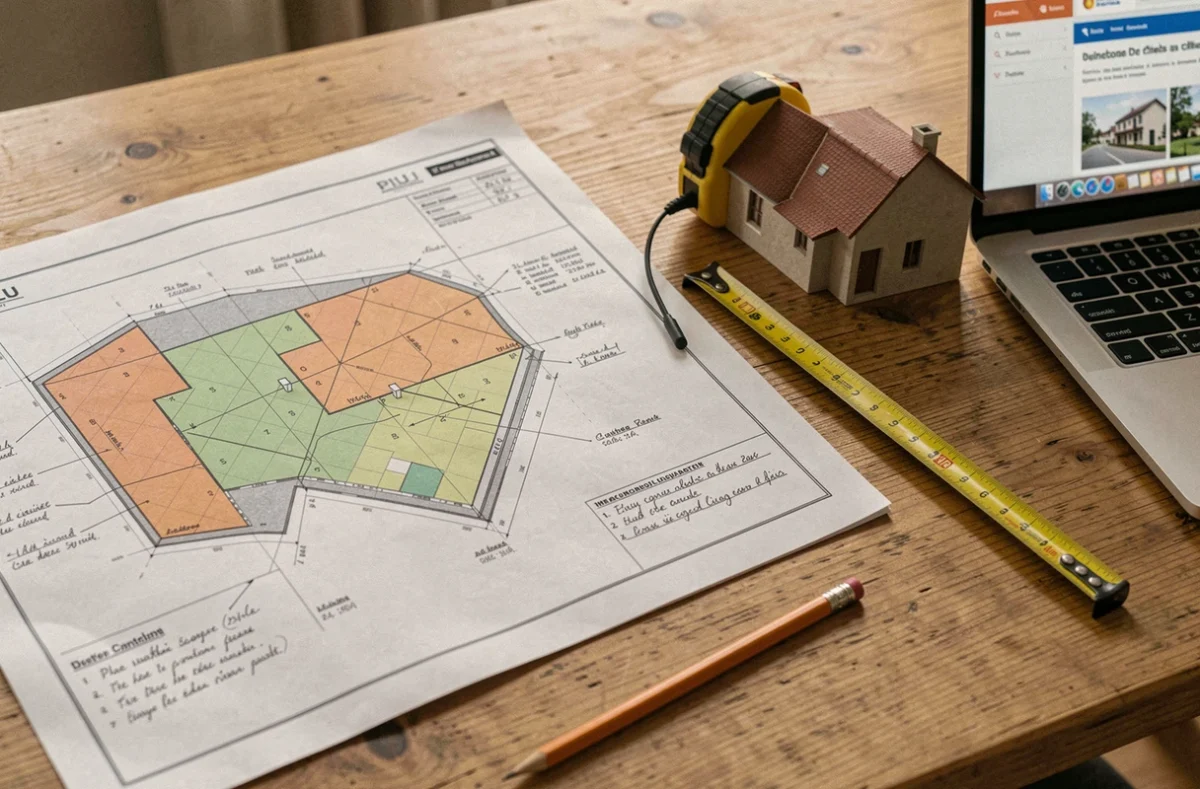 Documents PLU et plan de masse pour une extension de maison sans permis de construire posés sur un bureau