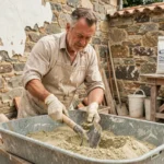 Maçon mélangeant chaux et sable dans une auge en métal pour préparer un enduit de mur en pierre