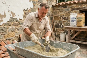 Maçon mélangeant chaux et sable dans une auge en métal pour préparer un enduit de mur en pierre