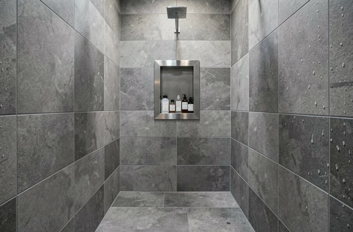 Douche italienne entièrement carrelée en grès cérame grand format gris avec niche murale en inox