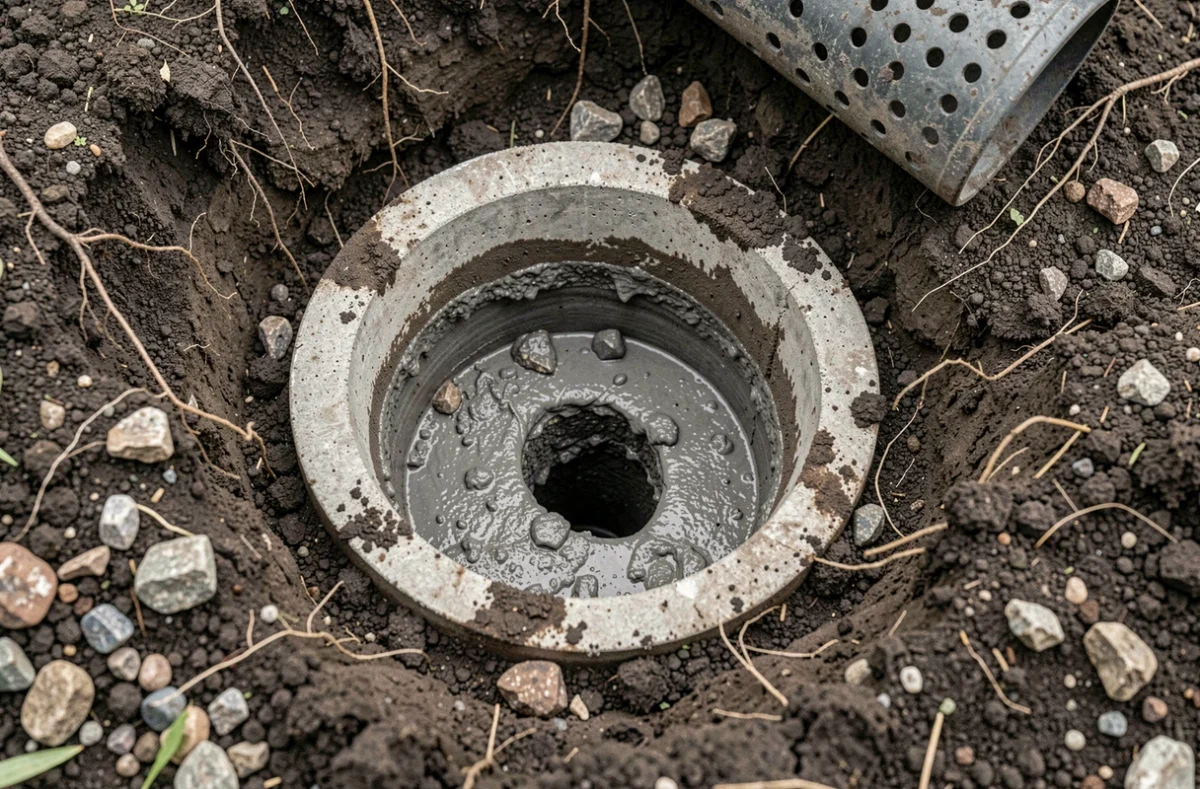 Gros plan d'un drain de fosse septique obstrué mis à nu lors d'une excavation