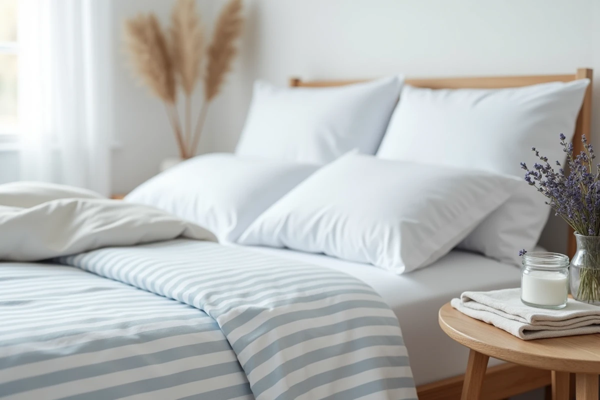 Lit fait avec des draps propres lavés en poudre dans une chambre scandinave, bocal de lessive en poudre et lavande sur la table de chevet