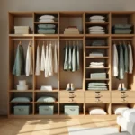 Dressing modulable autoportant en bois naturel installé dans un coin de chambre sans perçage mural, avec rangements textiles et barres de penderie