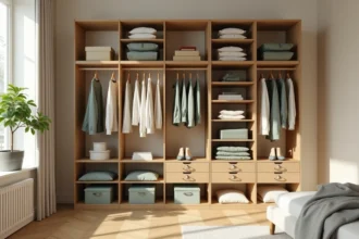 Dressing modulable autoportant en bois naturel installé dans un coin de chambre sans perçage mural, avec rangements textiles et barres de penderie