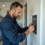 Électricien vérifiant un tableau électrique dans une pièce propre