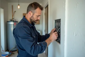 Électricien vérifiant un tableau électrique dans une pièce propre