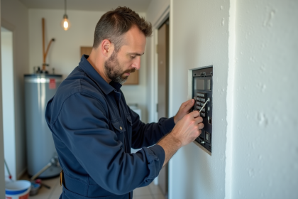 Électricien vérifiant un tableau électrique dans une pièce propre
