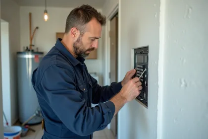 Électricien vérifiant un tableau électrique dans une pièce propre