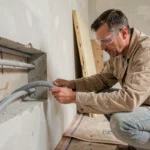 Électricien posant une gaine électrique dans une saignée de mur en béton lors de travaux de rénovation intérieure