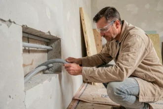 Électricien posant une gaine électrique dans une saignée de mur en béton lors de travaux de rénovation intérieure