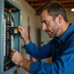 Électricien inspectant un disjoncteur dans un local technique
