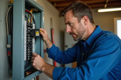 Électricien inspectant un disjoncteur dans un local technique
