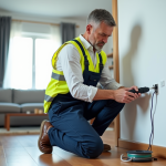 Électricien en tenue de chantier installe un fil électrique dans un appartement