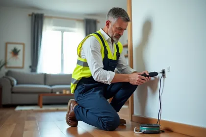 Électricien en tenue de chantier installe un fil électrique dans un appartement